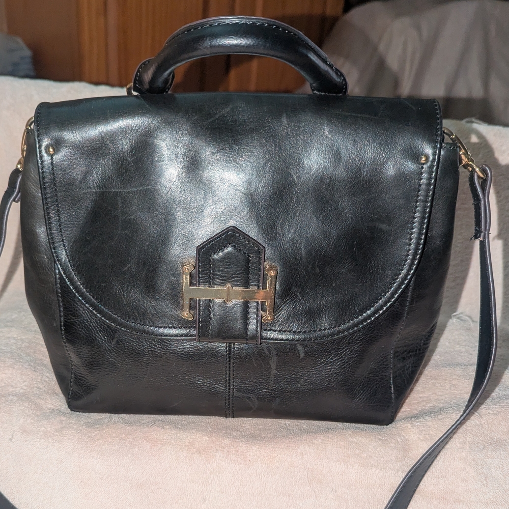 Tignanello Black Leather Satchel with Gold Hardware